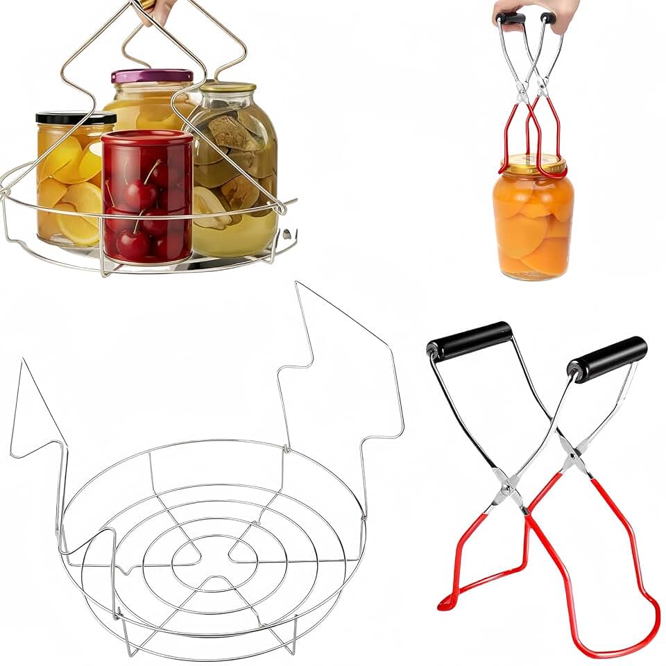 Stainless Steel Canning Rack with Jar Lifter Tongs, 10 Inch, 2-Piece Set | Heavy-duty canning basket separates mason jars for even water flow; fits water bath and pressure canners plus stock pots.