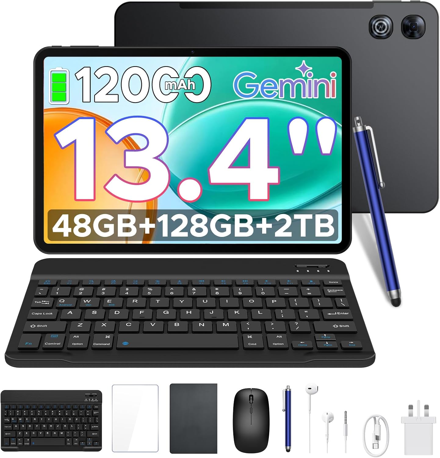 P13 Tablet 13 Inch, Android 16 Tablet with Gemini AI, 48GB+128GB/TF 2TB, 12000mAh, 120Hz Gaming Tablet, 1920×1200, Octa Core Android Tablets, 8+13MP, Widevine L, Tablet with Keyboard, Stylus & Mouse