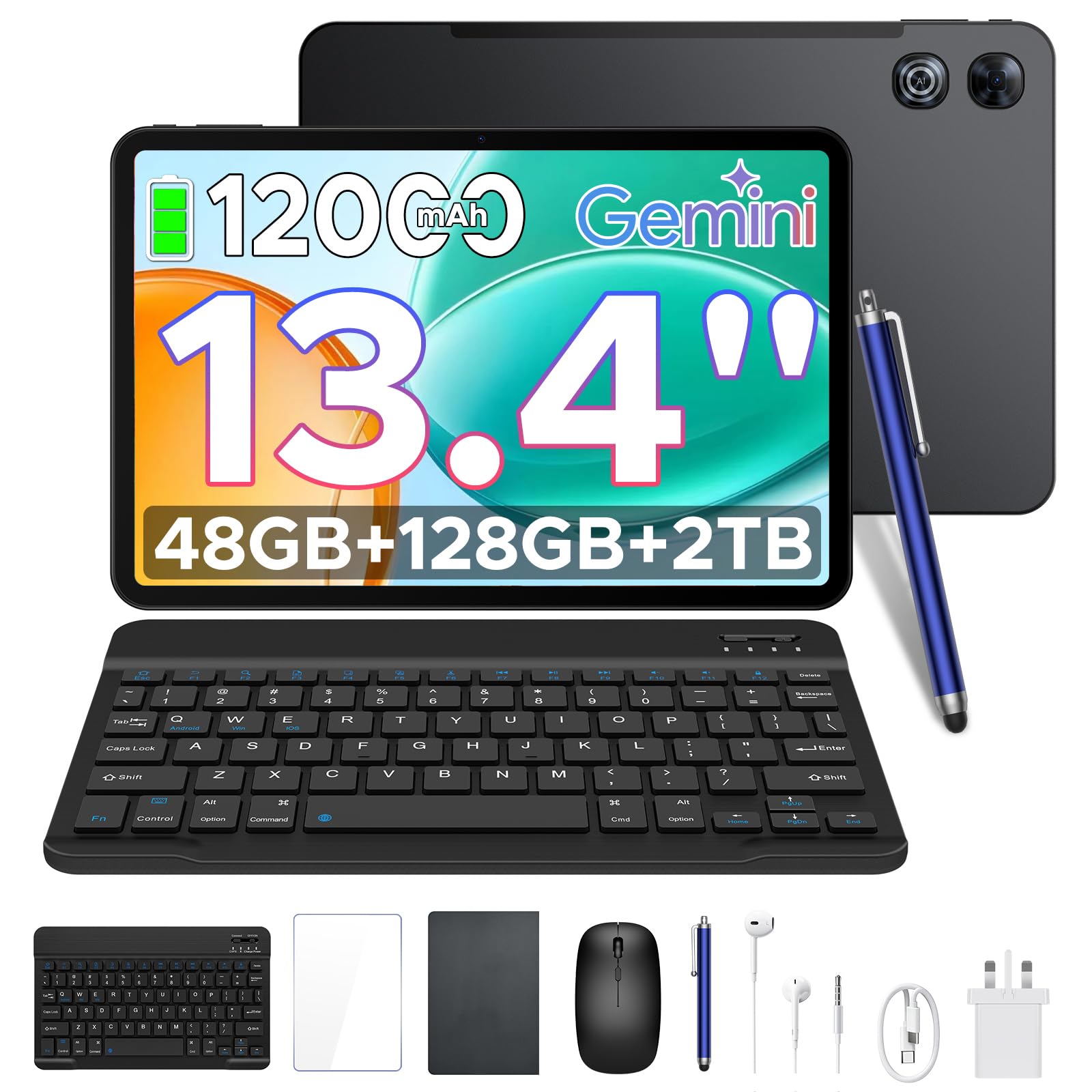 P13 Tablets 13.4 Pulgadas, 2.4K 120Hz Tablet Android con 48GB RAM+128GB ROM, T7280, 12000mAh, Tablet Android 16 con Gemini AI, Widevine L1, Cámara 13MP+8MP, 5G WiFi, Teclado&Lapiz, Ratón, Gris