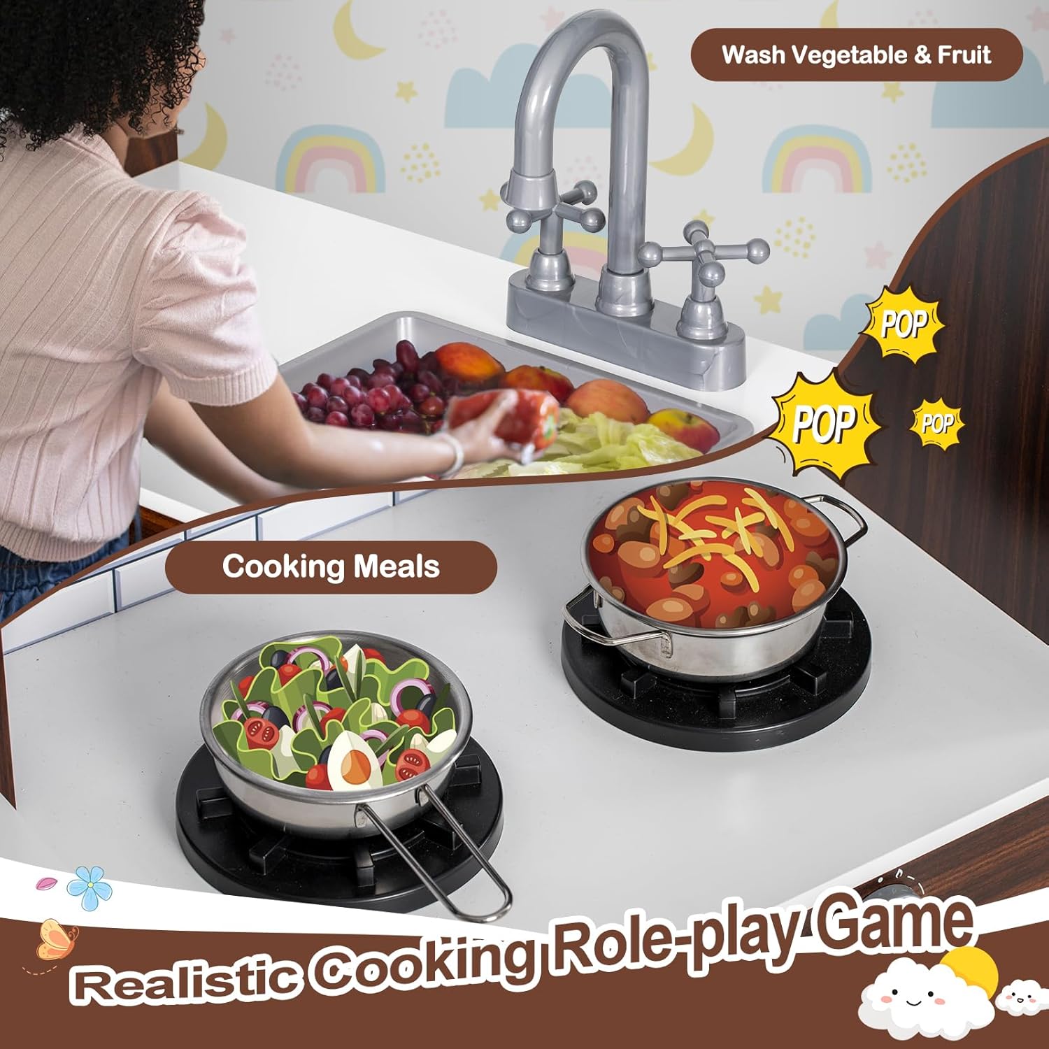 BRINJOY Corner Play Kitchen for Kids, Wooden Toddler Kitchen Playset w/Faucet, Sink, Microwave, Oven, Apron, Blackboard, Storage Cabinets, Pretend Cooking Toys w/Sound & Light Gift for Ages 3+