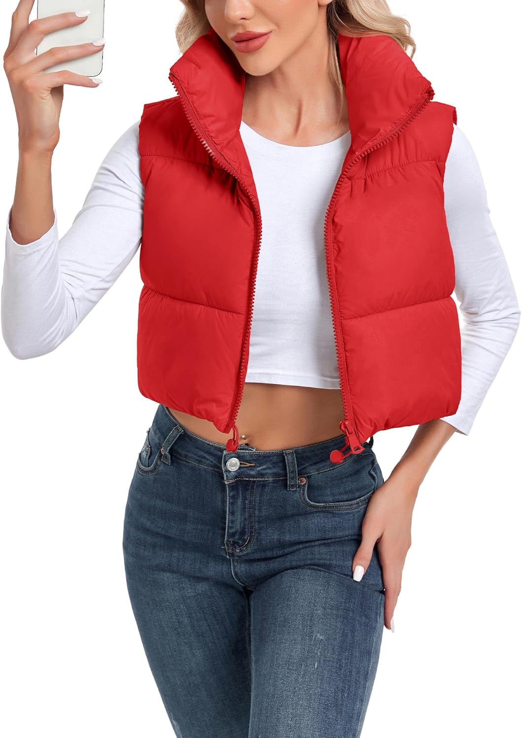Women's Cropped Puffer Vest Sleeveless High Stand Collar Crop Outerwear Zip Up Warm Padded Gilet - Image 6
