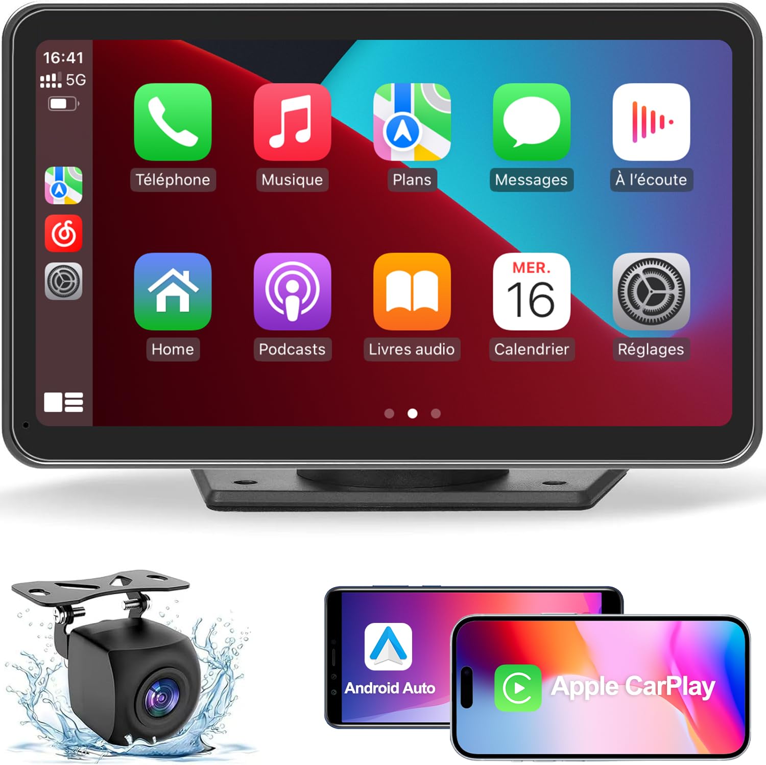 TOUTBIEN Autoradio 9 Écran Tactile, CarPlay & Android Auto sans Fil, Bluetooth 5.0, 1080P Caméra de Recul, 4K Dashcam, Navigation GPS, Mirror Link, Siri et G-oogle Assistant, FM, AUX, Carte TF 64Go