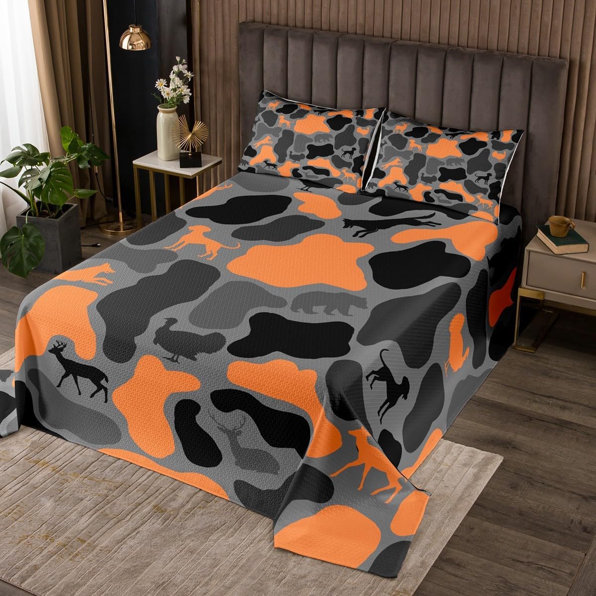Erosebridal Hunt Bear Coverlet Set Queen Size Camo Bedding Set for Kids Boys Girls Wolf Turkey Deer Hound Print Quilted Coverlet Yellow Brown Camouflage Quilted