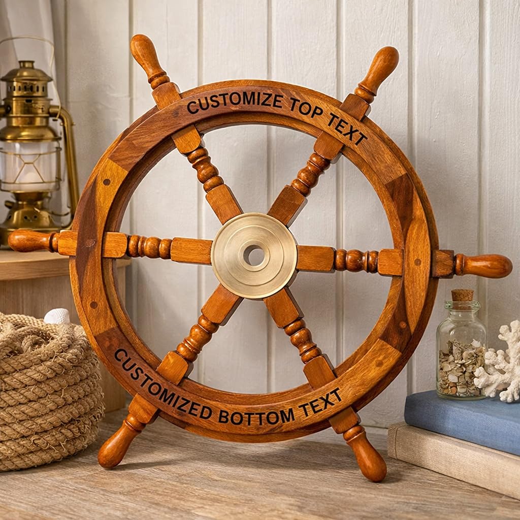Personalized Nautical Wooden Ship Wheel, Custom Size (12 β 36 Inch), Handcrafted Captain Steering Wheel with Brass Center, Pirate's Boat Wheels, Wall Hanging Ship Wheel for Home, Office & Marine DΓ©cor