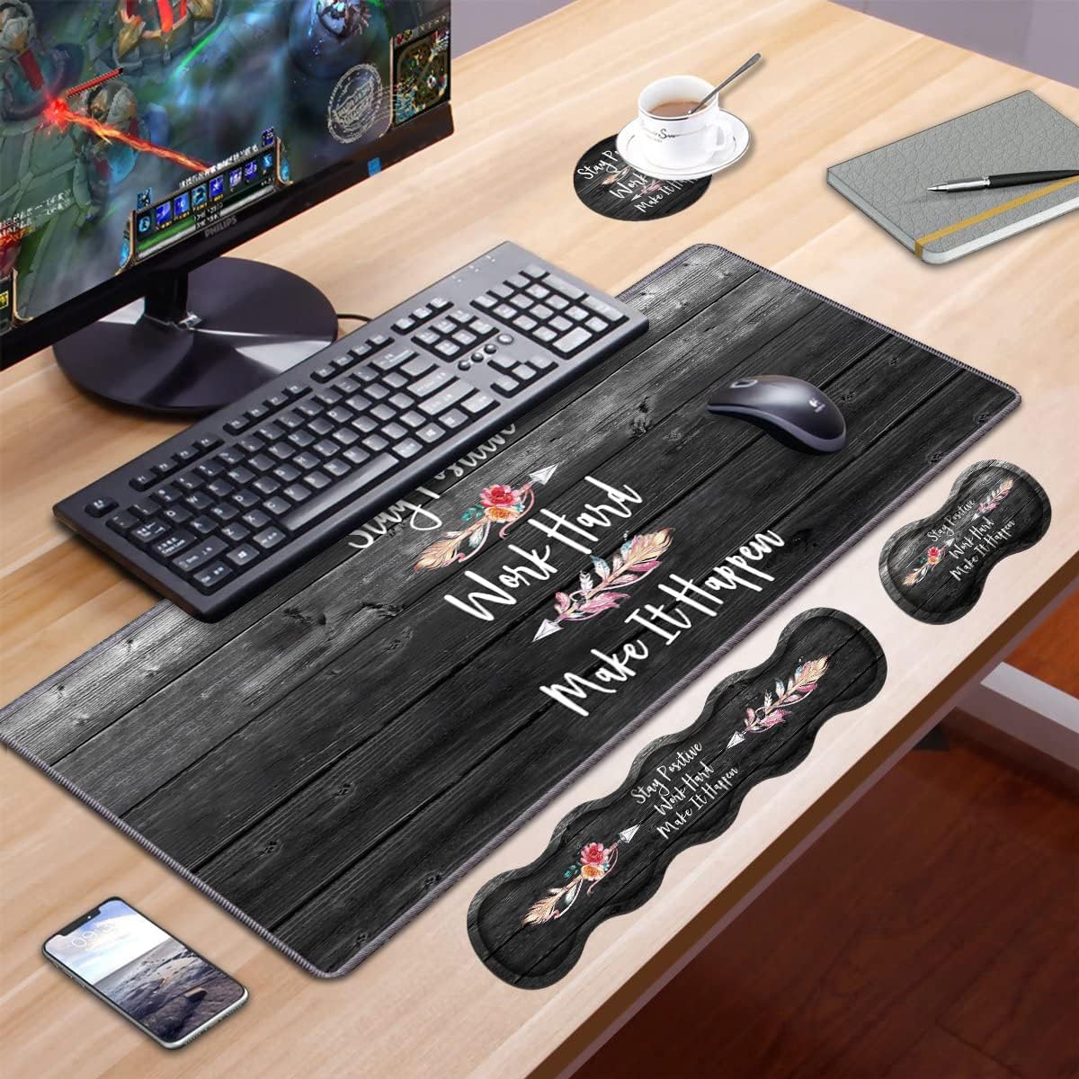 Ergonomic Keyboard Wrist Rest & Mouse Pad Wrist Rest Set, Stay Positive Work Hard and Make It Happen Pattern Inspirational Quote Large XXL Gaming Desk Mat, Memory Foam, Easy Typing Pain Relief