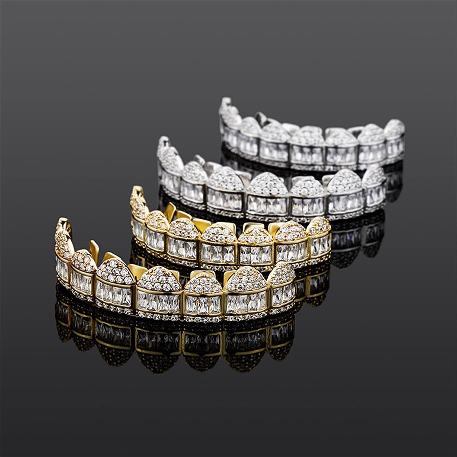 Fantex Iced Out Brillant Baguette CZ Diamant Dents Grills Porter Ensemble de Bijoux, Or 18K Plaqué Or Hip Hop Dents Bretelles pour Hommes Femmes (White)