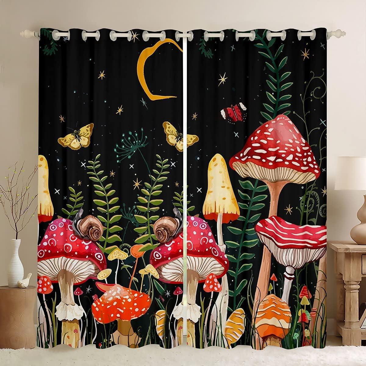 Feelyou Kids Room Decor Mushroom Window Curtains Bedroom Living Natural Wild Fungus Curtains Kids Room Decor Boys Girls Botanical Plants Window Drapes Butterfly Window Treatments 52W X 63L，2
