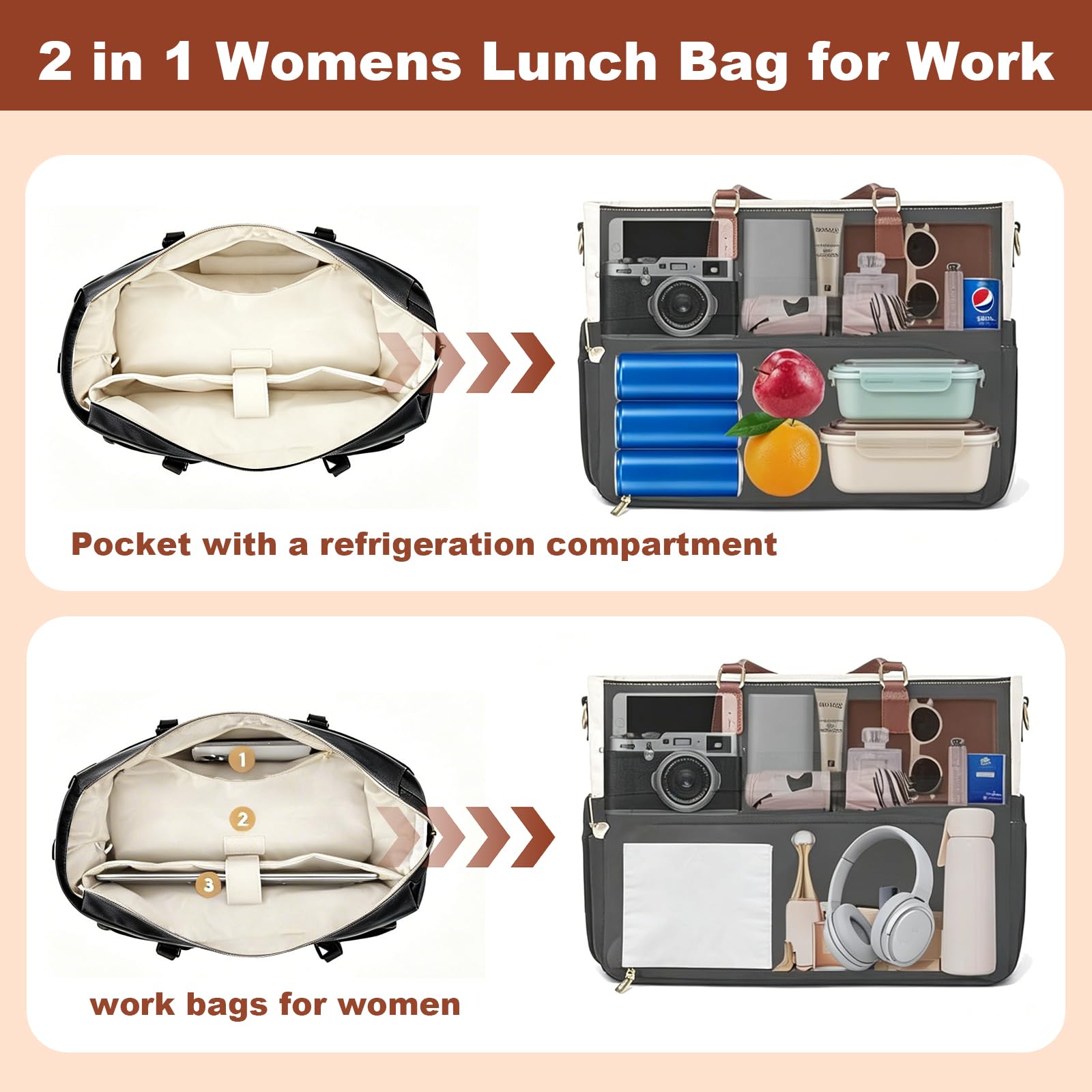Bolsa para portátil 2 en 1 para mujer con compartimento aislado para el almuerzo, 15,6 pulgadas, a prueba de fugas, bolso de mano, marrón y negro
