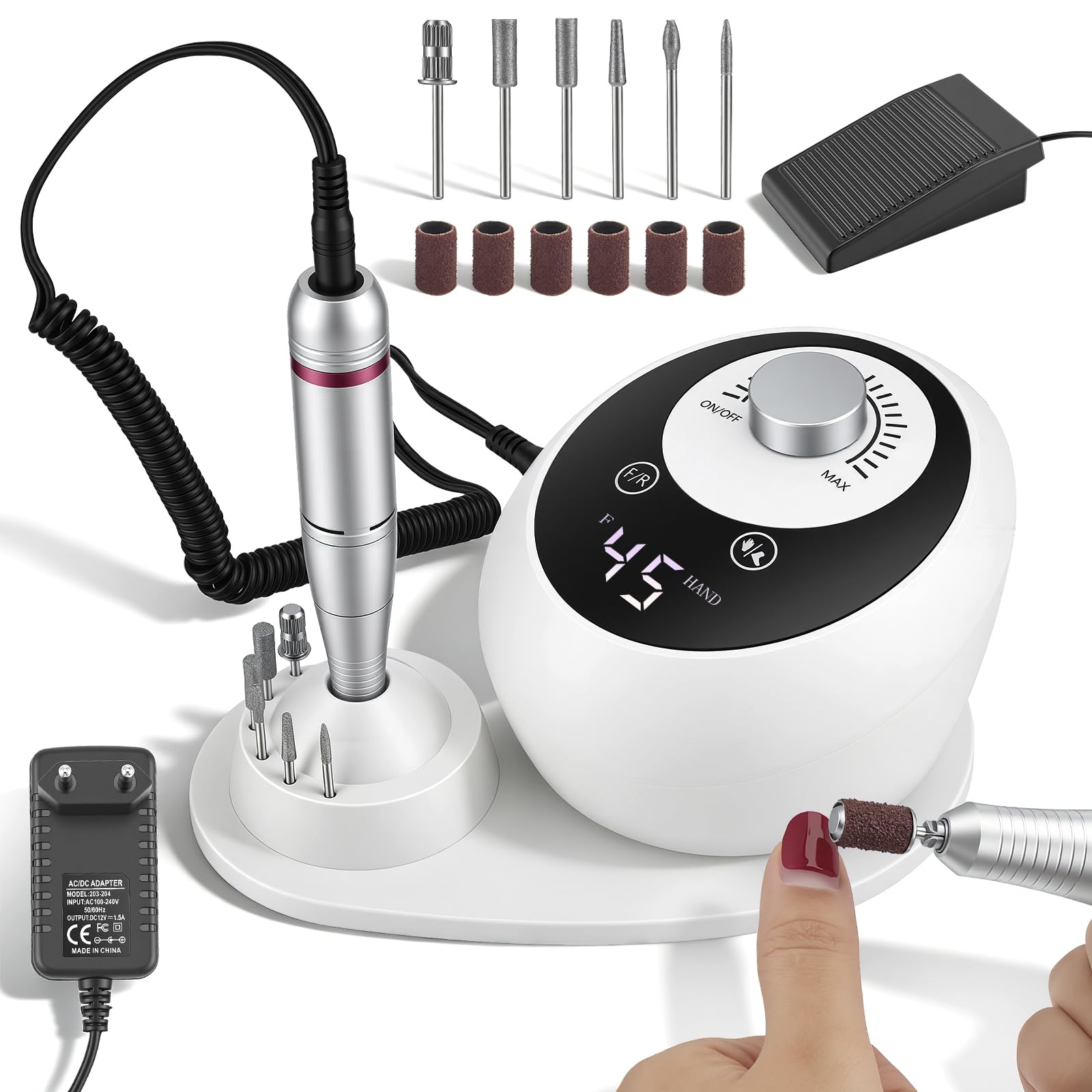 Fresa per Unghie Professionale 45000RPM, Fresa per Unghie, Lima Per Unghie Elettrica, Set Manicure e Pedicure Elettrico con display a LED, 6 Testine di Levigatura, Portable Nail File Kit per Salon