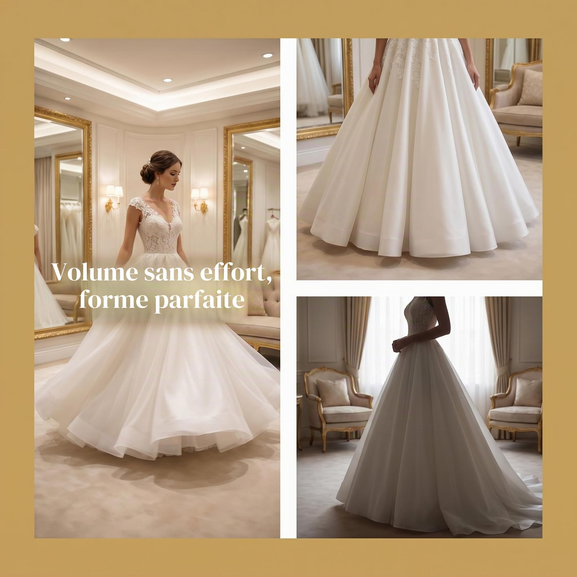 Jupon Crinoline Long de Femme, 3 Couches Cerceaux, Jupon pour Robe Mariée de Mariage, Mi-Longue Crinoline Demi-Slips, 3 Hoops pour Demoiselle d'honneur Mariage, Blanc, Élégance et Confort