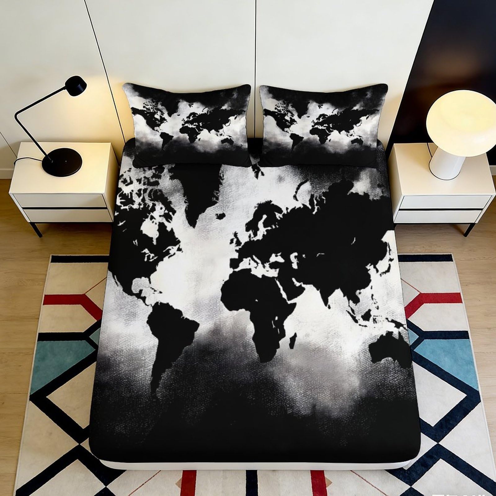 Jqzkxnhpbr Style-9 3D Printed World Map Fitted Sheet Microfiber Monochrome Continent Bed Cover For Bedroom Guest Room Decor Anti-Slip Washable 90X200x25cm