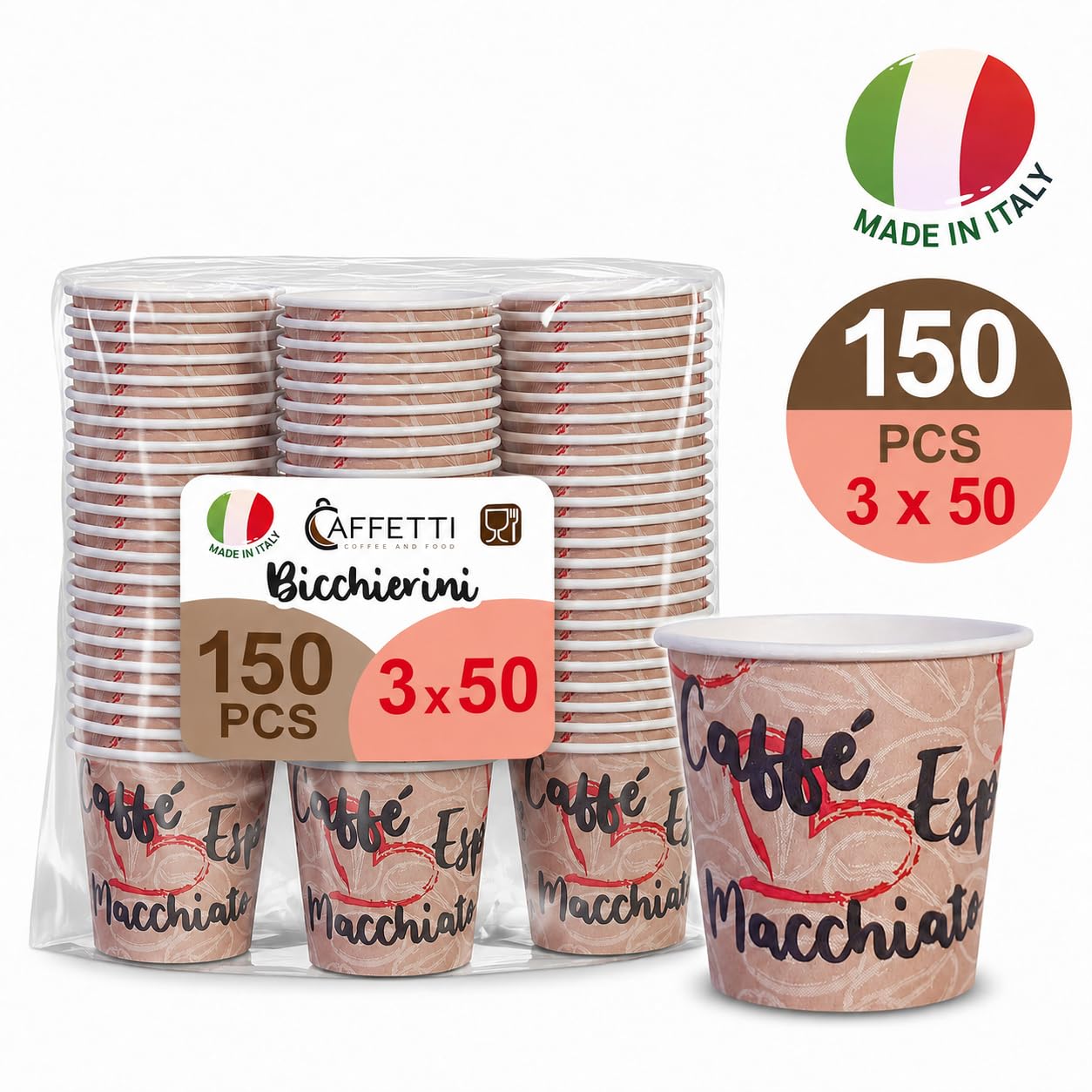 Caffetti 150 Bicchierini Caffè Carta 90 ml Made in Italy, 3 Stecche da 50 Bicchieri Monouso per Espresso, Tazzine Usa e Getta per Bar, Ufficio, Asporto, Bevande Calde, Tema Cuore