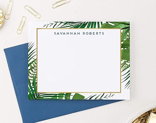Miniatura 2 de Papelería personalizada dorada y verde con sobres, tarjetas de notas planas, juego de papelería de vegetación personalizado para mujeres, tarjetas