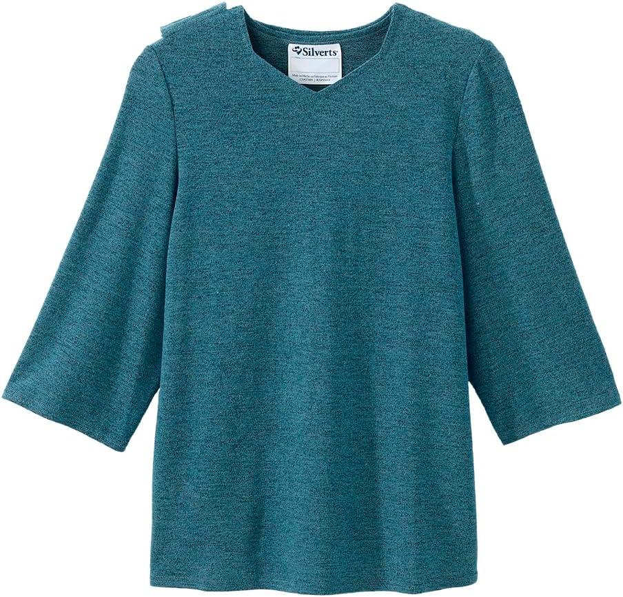 Women’s Open Back Adaptive Diamond Neck Top for Seniors - Super Soft 3/4 Long Sleeve Shirt