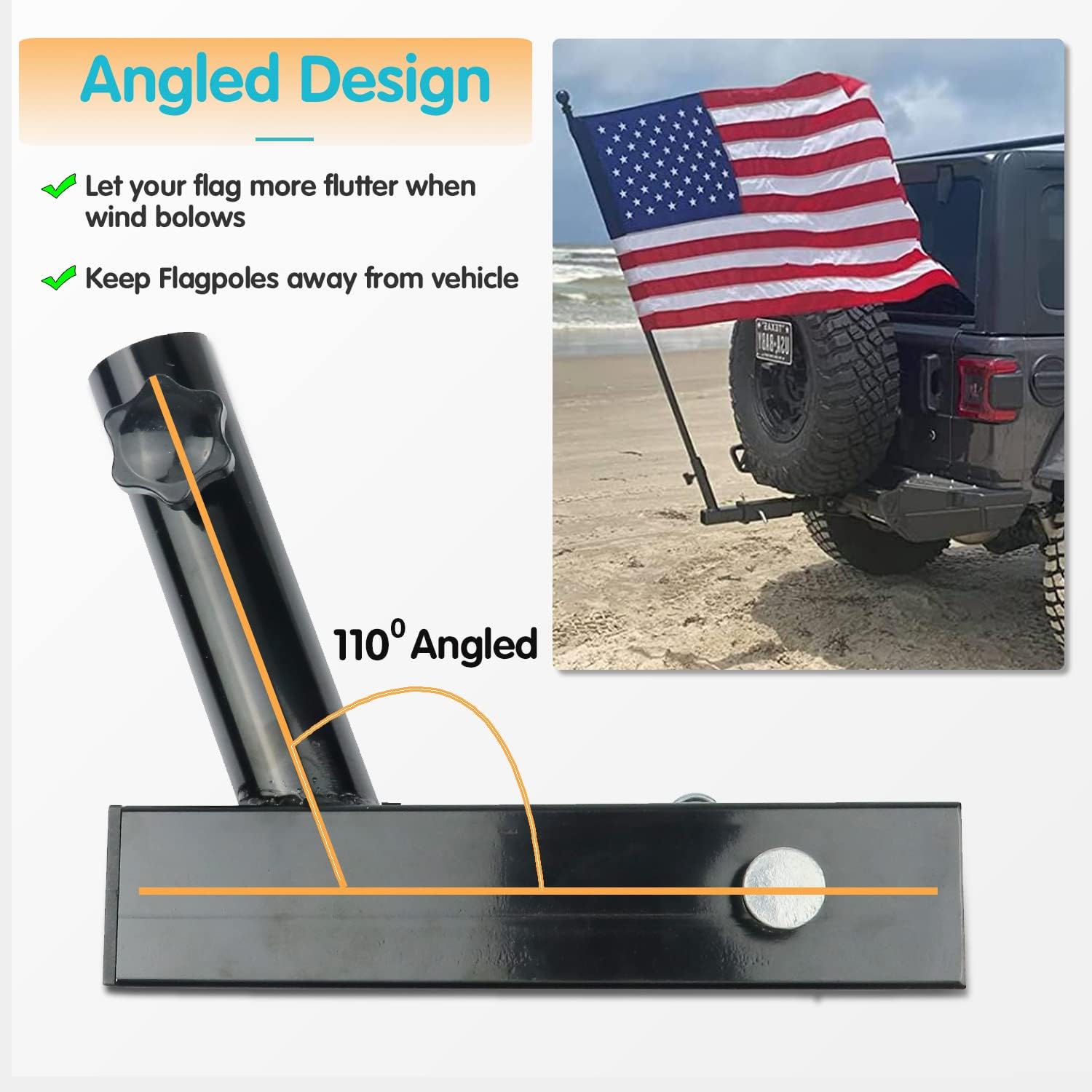 Hitch Mount Flagpole Holder Compatible with Jeep SUV RV Pickup Car Truck Camper Trailer Universal for Standard 2 inch Hitch Receivers Bracket with Anti-Wobble Screw