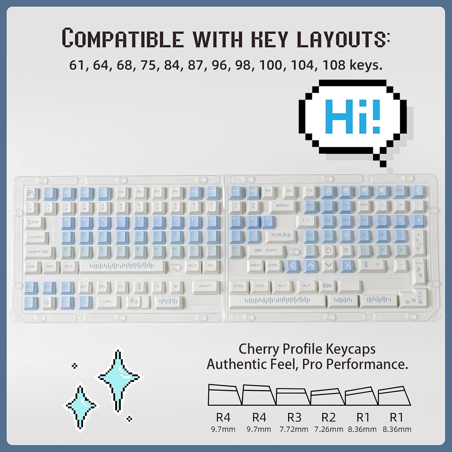 FunHub 143 PBT Keycaps - Cherry Profile Keycaps Set (Elegant Gift Box,No Tear,Never Fades), Blue Pixel Girl Key Caps for MX Mechanical Keyboard 60 65 75 100 Percent Fit All Layouts