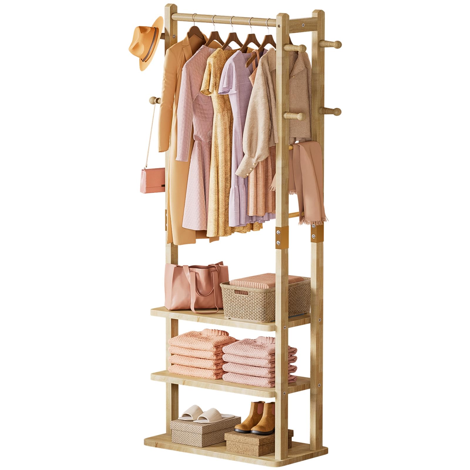Yorbay Perchero multifuncional de madera independiente: perchero de pie sólido con estantes, perchero para ropa, sombrero, para salón, dormitorio, oficina | Perchero de pie de madera maciza con estantes, ganchos y perchero para ropa y sombreros en el saló