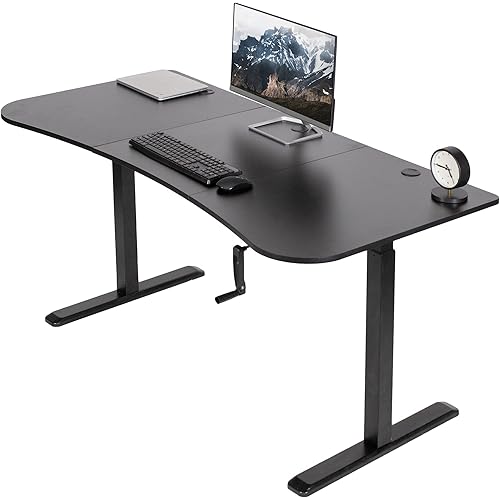 VIVO Height Adjustable 63 x 32 inch Stand Up Desk, Crank System, Complete Workstation with 3 Section Black Table Top, Black Frame, DESK-KIT-1M1B