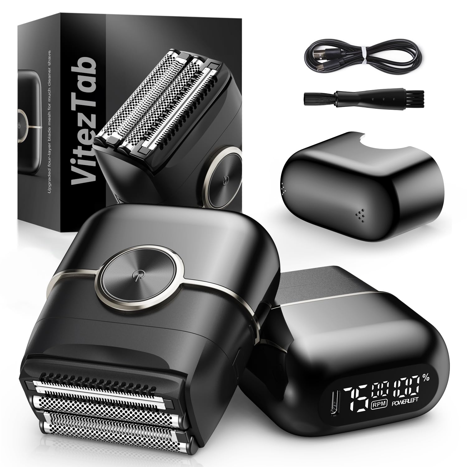 Foil Shaver Electric Razor: Mini Electric Shaver for Men with 4 Floating Blades, 2 Gears Adjustable, IPX7 Waterproof, Big LED Display, USB-C