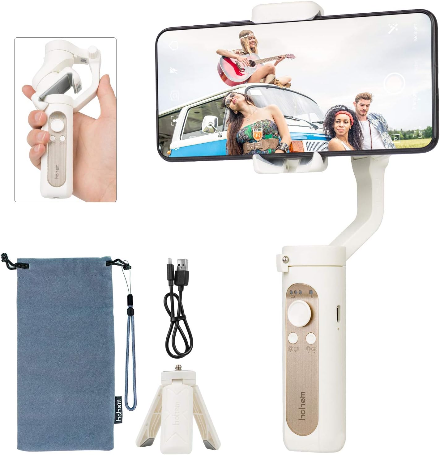 Hohem Gimbal Stabilizer for Smartphone 3 - Axis Phone Stabilizer 0.5lbs Foldable Handheld Gimble for iPhone 11 Pro Max/11/XS Max/Samsung/Android Video Vlogging Youtuber - iSteady X White
