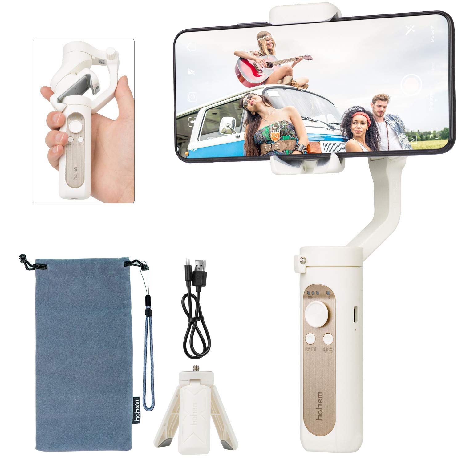 Hohem Gimbal Stabilizer for Smartphone 3 - Axis Phone Stabilizer 0.5lbs Foldable Handheld Gimble for iPhone 11 Pro Max/11/XS Max/Samsung/Android Video Vlogging Youtuber - iSteady X White