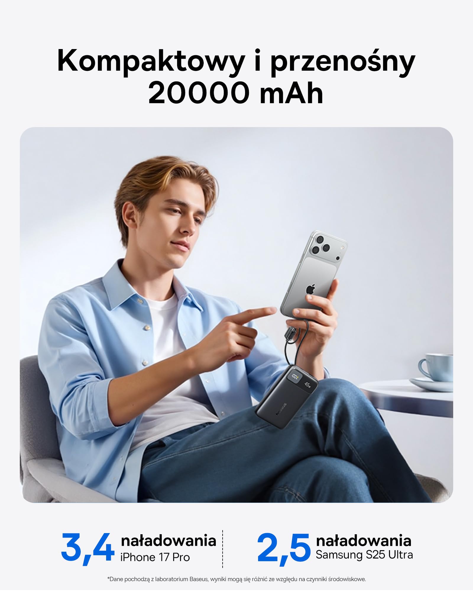 Baseus FC11 Power Bank, przenośna ładowarka 20000 mAh z podwójnym wbudowanym kablem, kompaktowy akumulator 45 W, chowany kabel, inteligentny wyświetlacz, do iPhone'a Air/17/16, iPada, laptopa