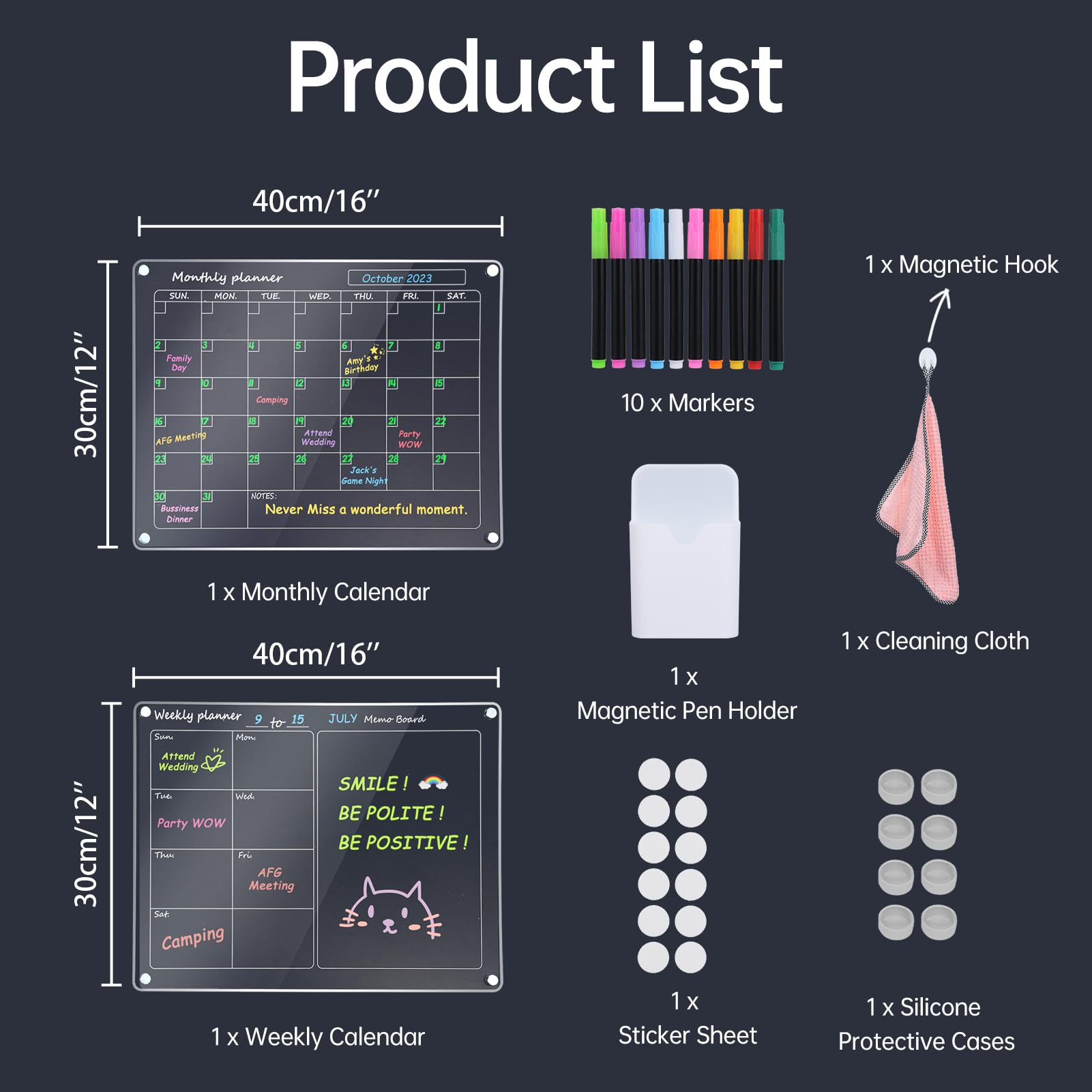 HUIOP Calendrier effaçable à sec, tableau magnétique effaçable à sec en acrylique transparent avec planificateur mensuel et hebdomadaire 40,6 x 30,5 cm, réutilisable avec 10 marqueurs de couleur et