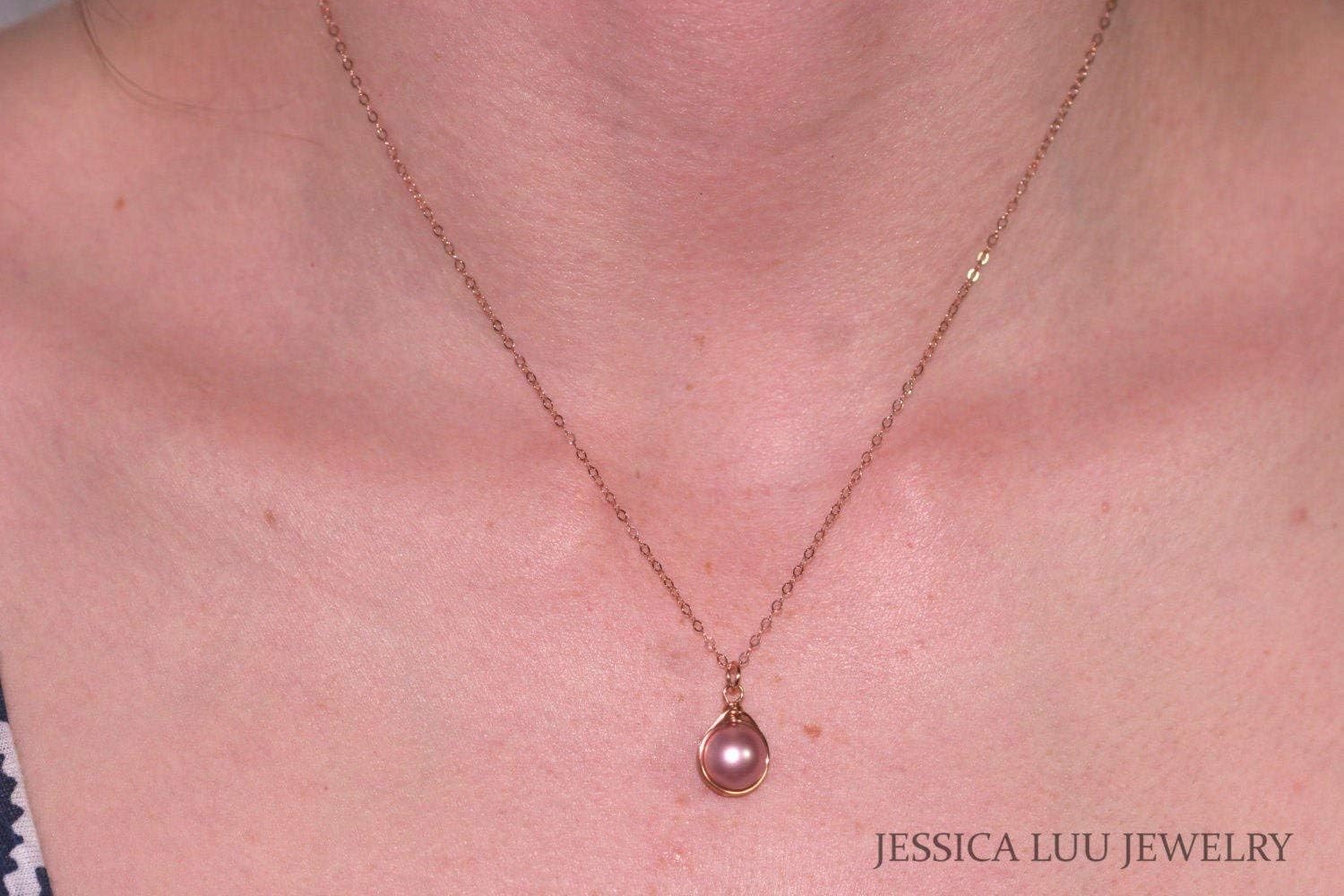 Jessica Luu Jewelry Gold Powder Pink Pearl Drop Earrings Wire Wrapped Handmade