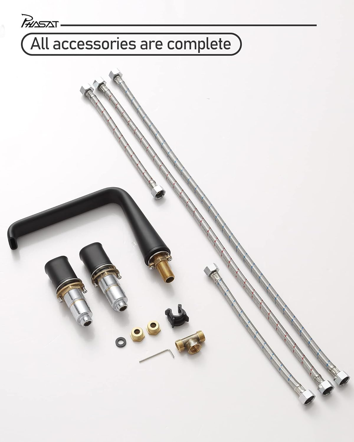 PHASAT Bathtub Faucet Deck Mount Matte Black Bathroom Waterfall Tub Faucet 3 Hole Tub Filler with 2 Handles,PU5H01、