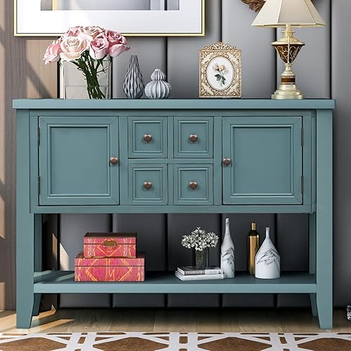 Miniatura 31 de P PURLOVE Mesa consola de granja con cajón, aparador buffet con almacenamiento con almacenamiento para sala de estar, cocina Blanco,Gris (Antique