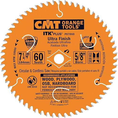 CMT P07060 ITK Plus Ultra Finish Saw Blade with 7-1/4 x 60 Teeth, 10-Degree ATB Shear and 5/8-Inch Bore