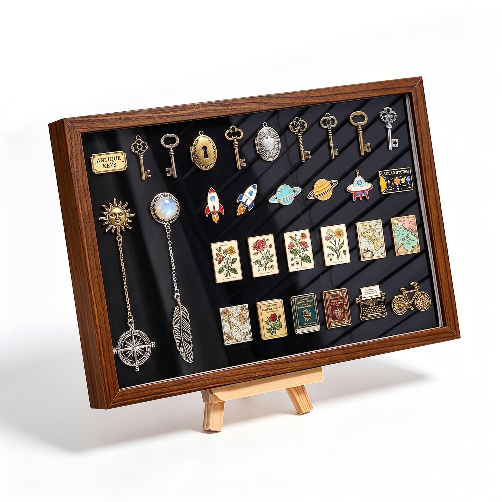 Qyrdbgy Coffee Brown Pin Badge Display Case, 32 X 22 X 4Cm Enamel Pins Display Frame Wood Badge Holder Shadow Box For Breastpin Medal Jewelry Badges Earrings (Coffee Brown)