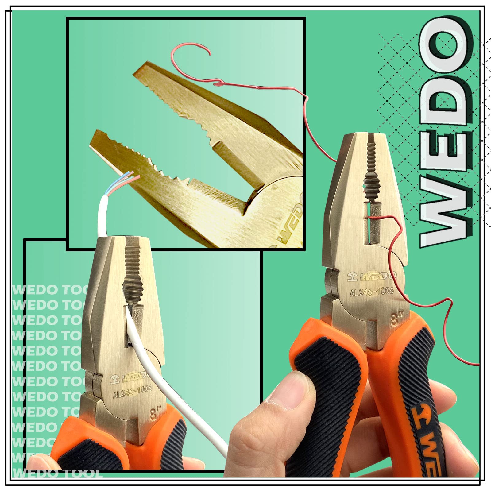 WEDO Nieiskrzące szczypce liniowe 25 cm, beziskrzące szczypce do cięcia bocznego, szczypce kombinowane, ściągacze drutu, zaciskarka, obcinarka, standard DIN, certyfikat BAM i FM, brąz aluminiowy