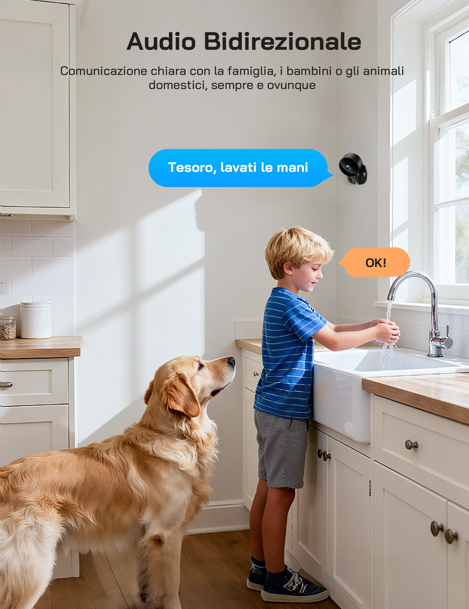 WOLFANG Telecamera WiFi Interno 1080P, Telecamera Sorveglianza Interno con Visione Notturna, Audio Bidirezionale, Compatibile con Alexa & Google Home, Nessun Abbonamento, Solo WiFi 2,4 GHz, 4 Pezzi