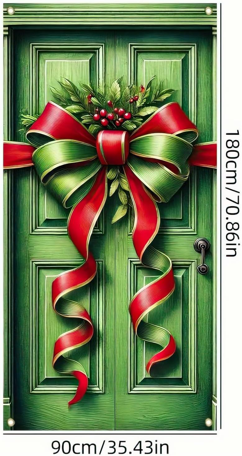 Green Red Bow Christmas Door Cover 35x71 Inch Holiday Gift Box Door Banner, Christmas Door Decoration for Front Door, Indoor Outdoor Winter Backdrop Photography Party Décor - Image 6