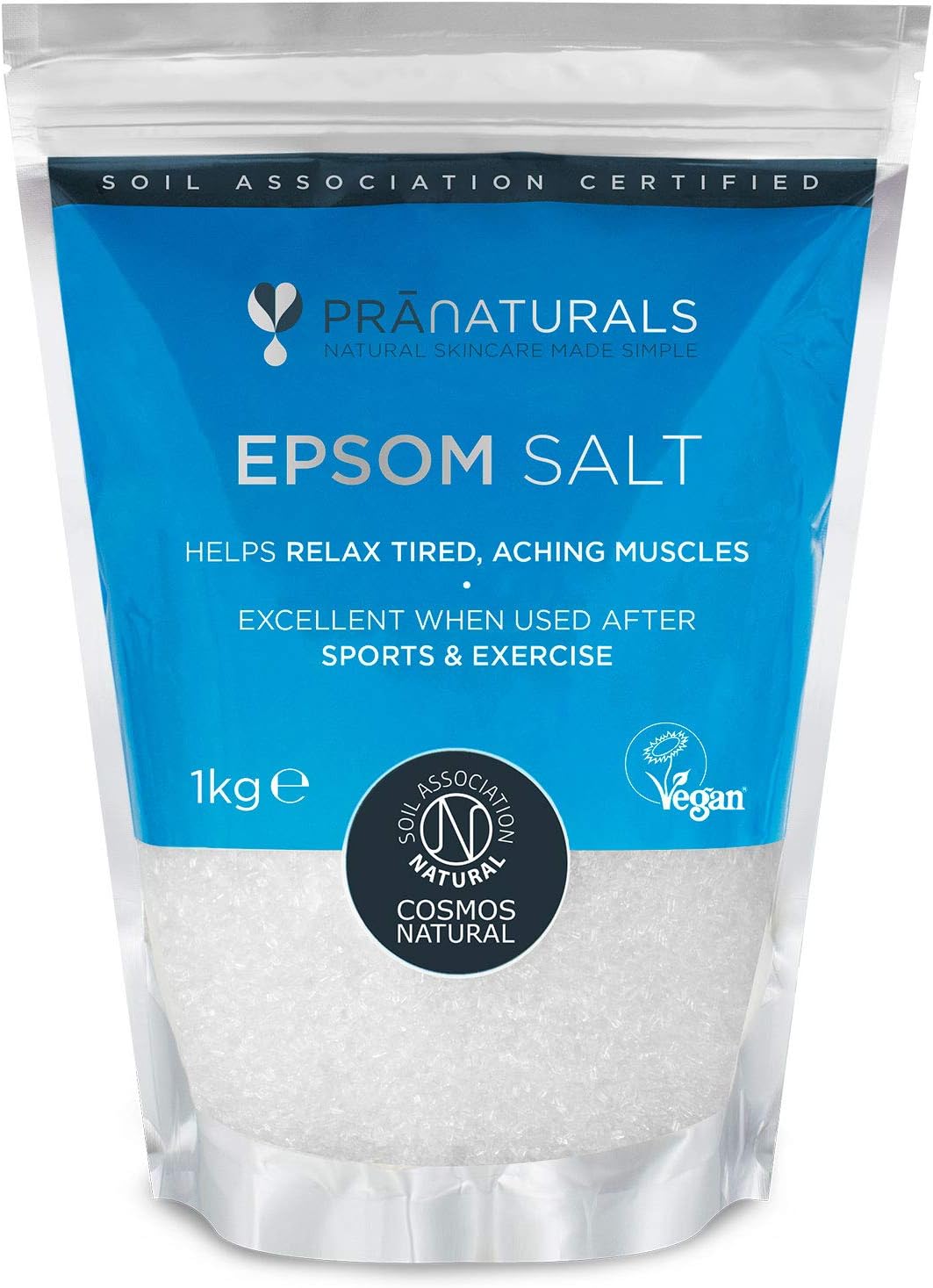 PraNaturals Epsom Salt 1KG, Bath Soak Natural Mineral-Rich, Magnesium, Sports, Exercise, Relieve Joint Pain, Muscle Sprains, Bruises - COSMOS Natural, Vegan and Soil Association Certified