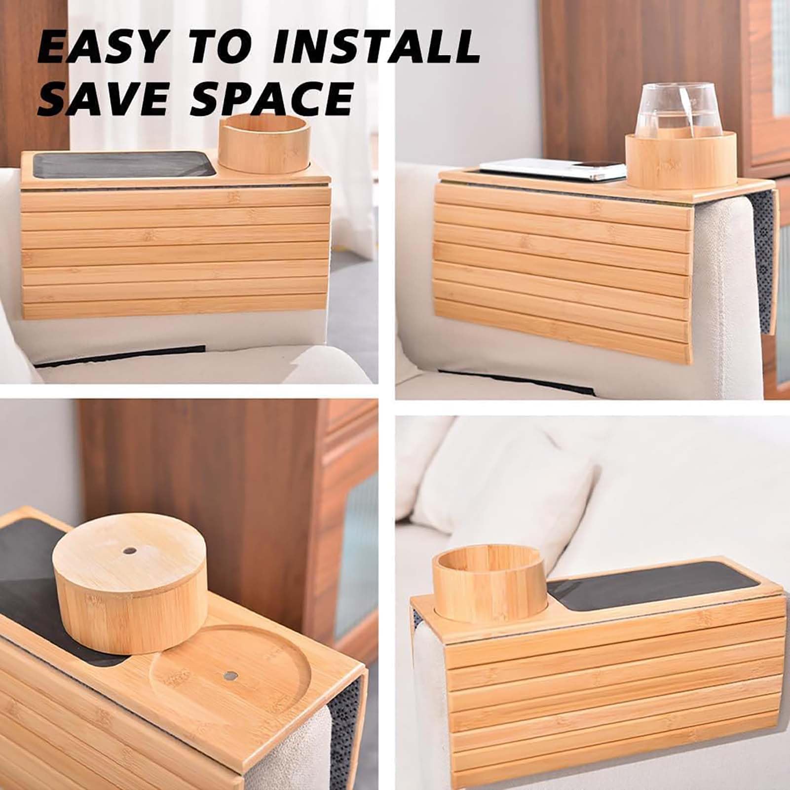 Bandeja de madera 2 en 1 para brazo de sofá y soporte para tazas, diseño antideslizante para mandos a distancia de CA y teléfonos, accesorio perfecto para sofá para mayor comodidad y comodidad