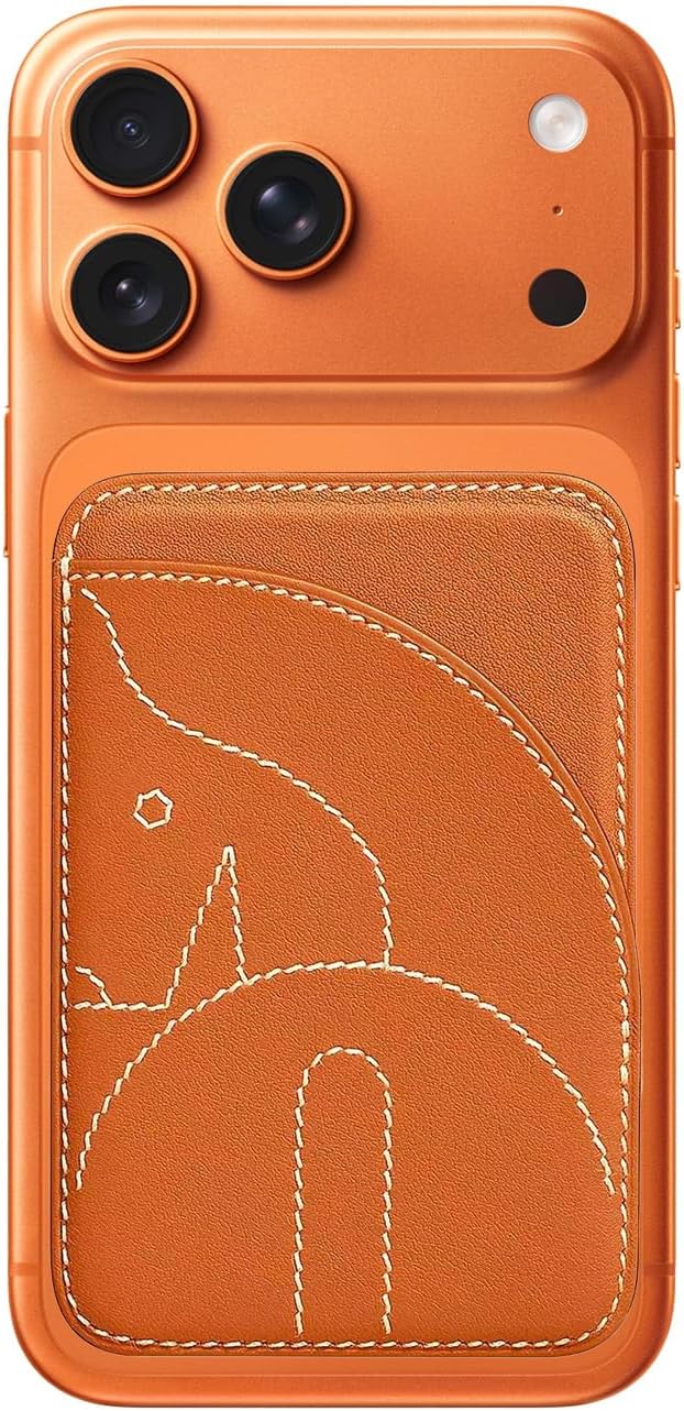 Magnetic Wallet Cell Phone Card Holder for Phone Case, Stronger Magnetic Leather Phone Wallet Stick on Series of iPhone 17/16/15/14/13/12 and Pro/Promax (Orange)