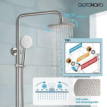 gotonovo Stainless Steel SUS304 Silver Shower faucet Set Wall Mount Triple Function Shower System 8 inches Shower Head Bathroom Adjustable Hand Spray Rainfall Brushed Nickel Shower Faucet Complete Set