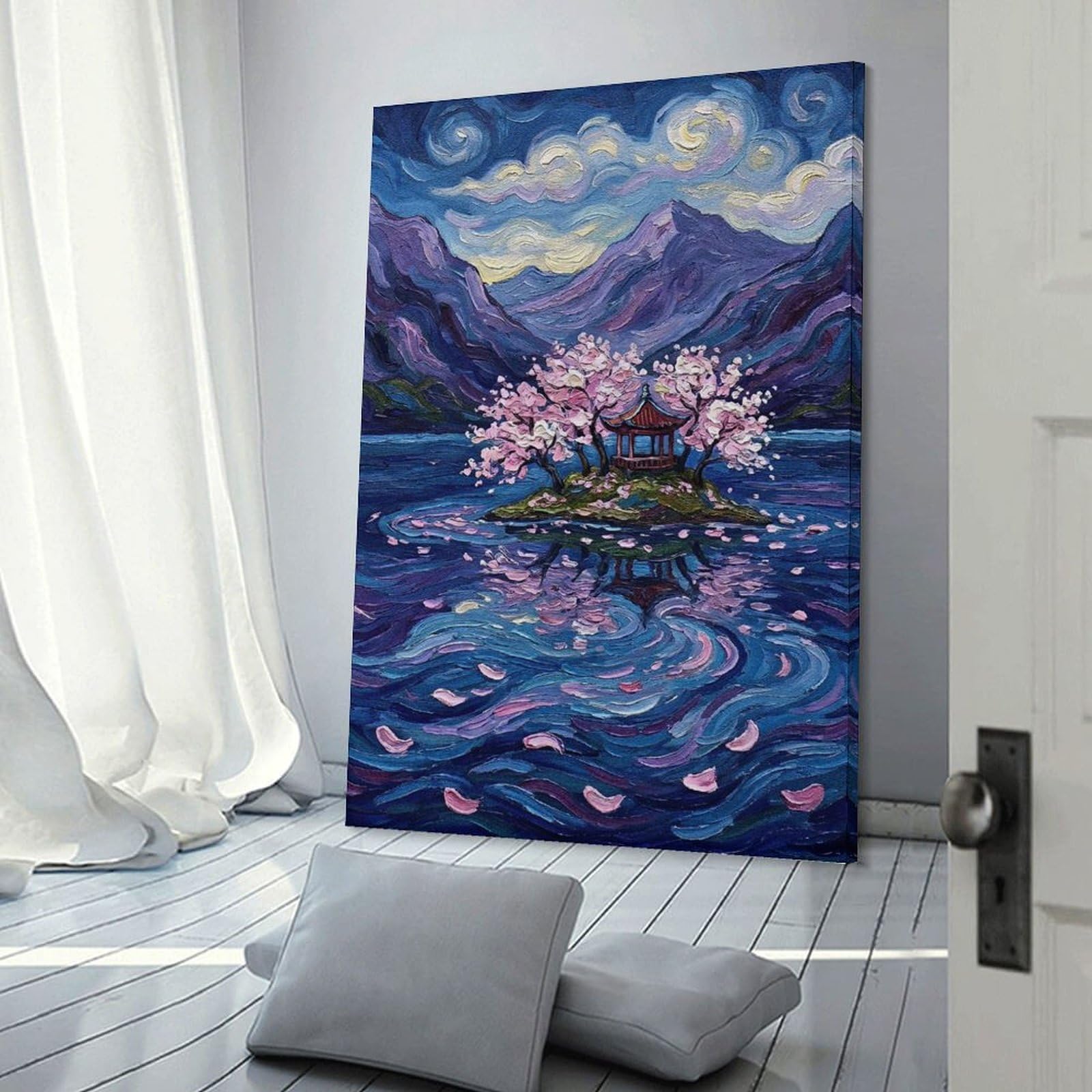 Junmoney Pagoda Island with Cherry Blossoms Canvas Art Print 24x36inch(60x90cm), for Front Hall, Corridor Or Welcome Spaces, Home Artwork for First Impressions