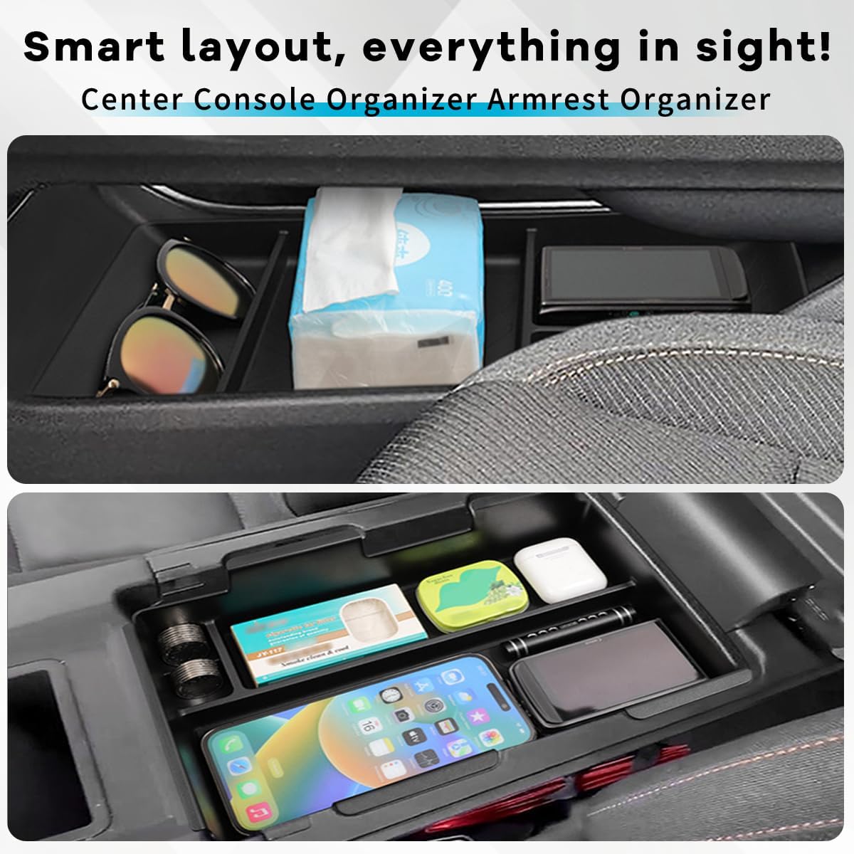 2PCS Center Console Organizer & Armrest Tray Compatible with 2024 2025 Honda Prologue &2024 2025 Acura ZDX Tray Center Console Storage Box Insert Divider Slots Odorless ABS TPE Materials