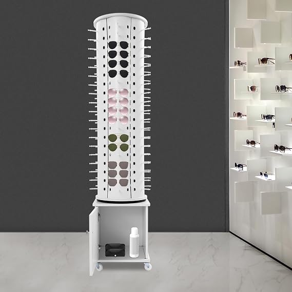 114 Pairs Glasses Sunglasses Display Stand, 360 Rotating Glasses Storage Display Rack with Cabinet, Floor Sunglasses Display Rack with Wheels, 66.14in Height with Wheels (White)