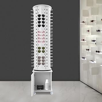 114 Pairs Glasses Sunglasses Display Stand, 360 Rotating Glasses Storage Display Rack with Cabinet, Floor Sunglasses Display Rack with Wheels, 66.14in Height with Wheels (White)