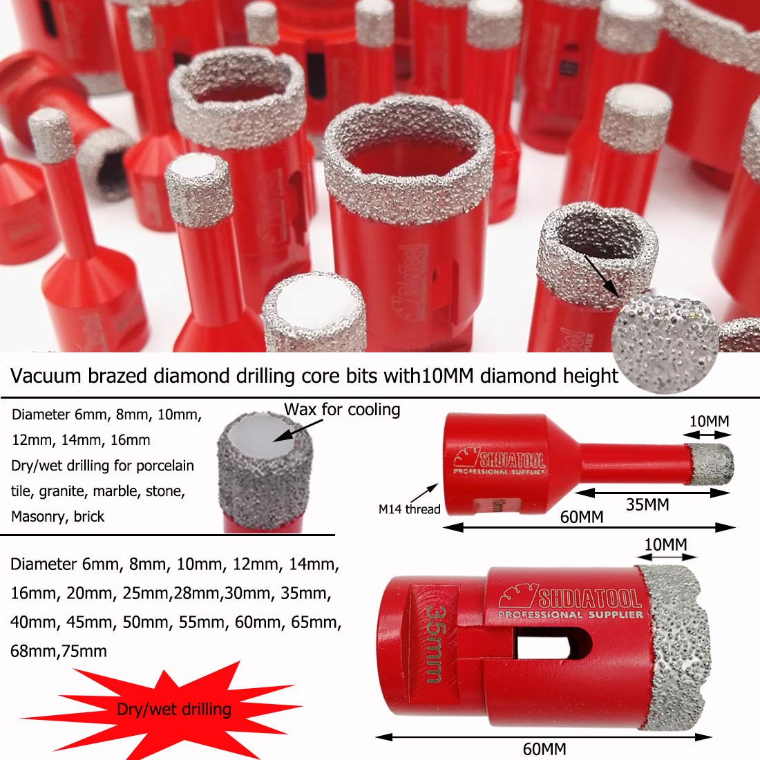 SHDIATOOL Set di corone diamantate per forature a secco per porcellana, piastrelle, granito e marmo (diametro 25/50/65/75mm)