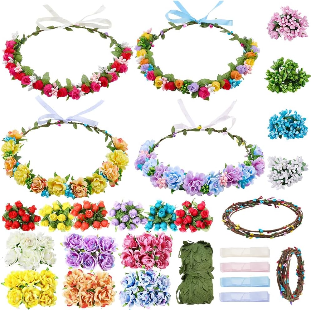 INFUNLY 30 Set DIY Flower Crowns Making Kit Rose Wedding Wreath with Instruction Berries Branches Hanging Floral Garland Kits Make Your Own Flower Headbands Bracelets Kit for Women Wedding Gift Decor
