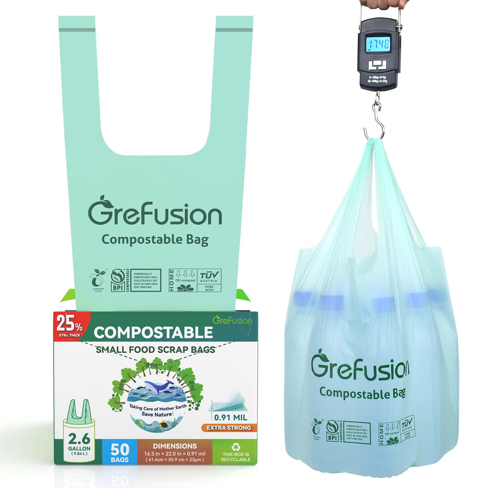 Compostable Trash Bags with handle-tie,Garbage Bags, 2.6 Gallon,Food Waste Bags,Small trash bags for compost bin kitchen,Certified by BPI and OK Compost (2.6G-50count)