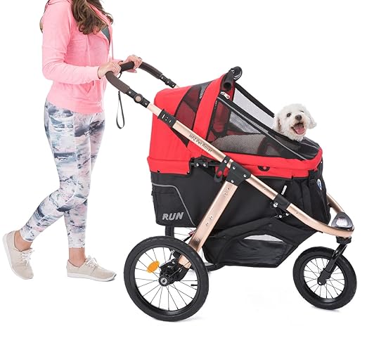 HPZ Pet Rover Run Performance Jogging Sports Stroller with Comfort Rubber Wheels/Zipper-Less Entry/1-Hand Quick Fold/Aluminum Frame for Small/Medium Dogs, Cats and Pets (Racing Red)