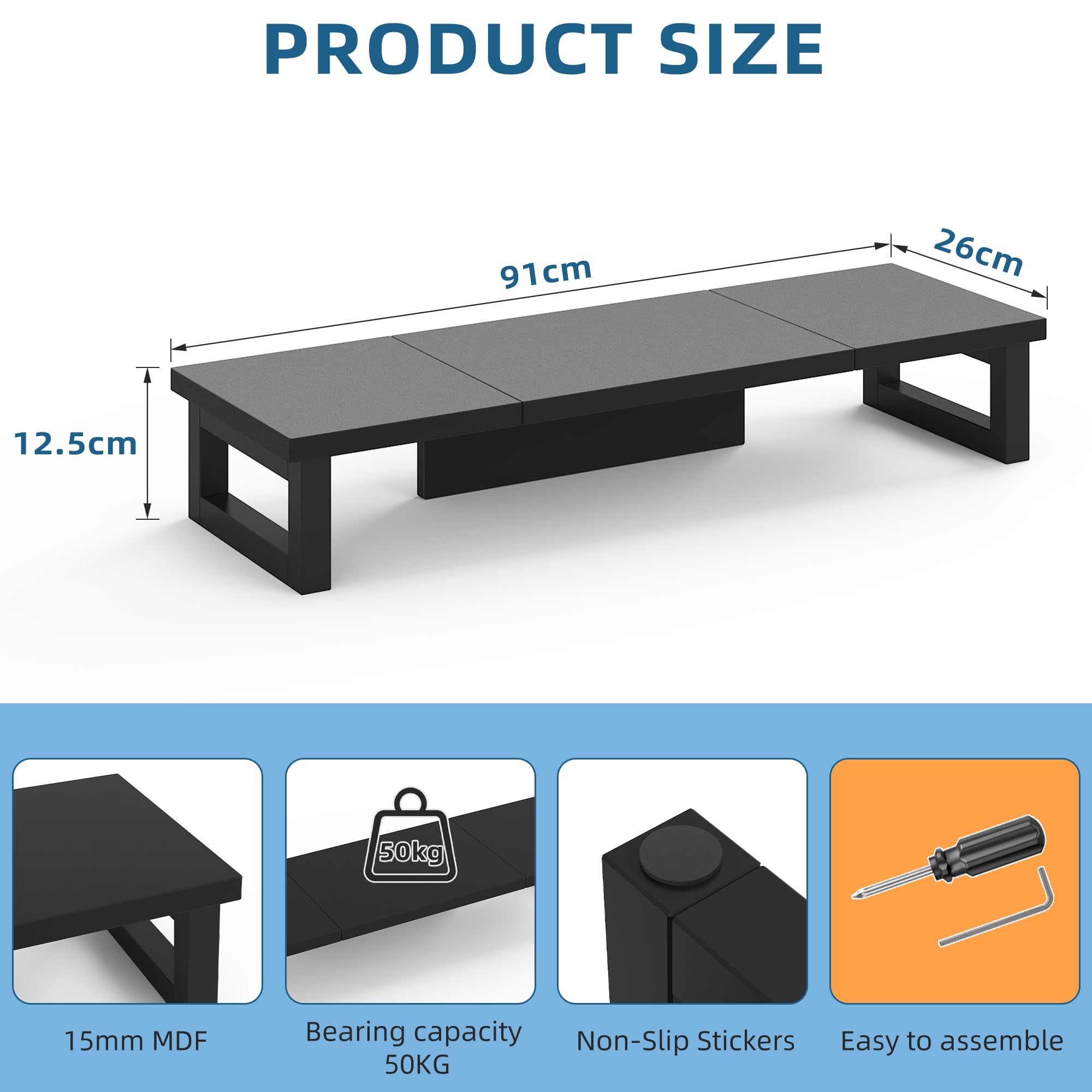 Supporto per doppio monitor, 91 x 26 cm, ripiano per scrivania, doppio supporto per monitor, per laptop, PC, computer, monitor, organizer da scrivania per lavoro, nero