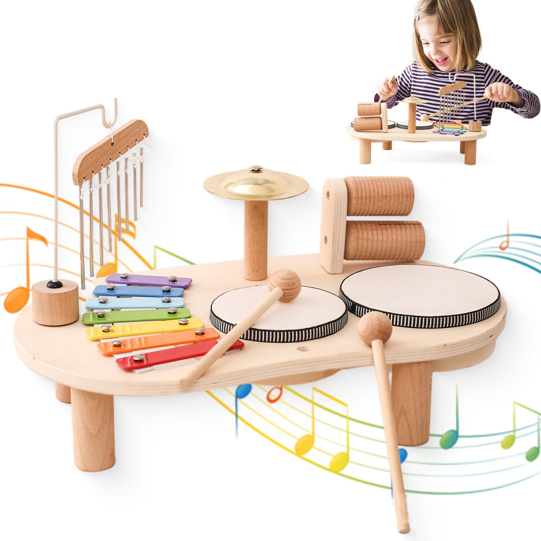 Kinder-Schlagzeug-Set, 5-in-1, hölzernes Kleinkind-Schlagzeug, pädagogische Kindermusikinstrumente, babysichere Perkussion