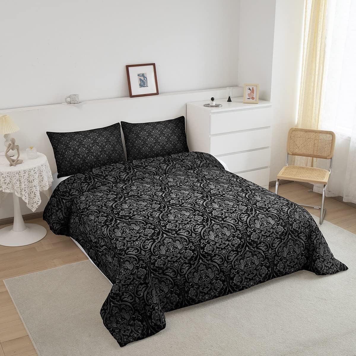 Erosebridal Black Grey Ombre Gothic Bedding Set for Adults Men Full,Antique Victorian Baroque Floral Down Comforter Boho Damask Comforter Set Exotic Floral Bohemian Quilt Duvet Insert 2 Pillow Cases